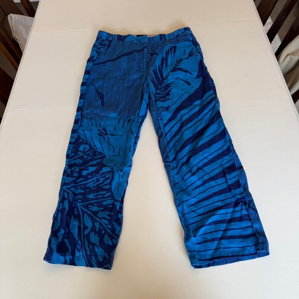 J. Crew Women's 100% Linen Blue Palm Print Straight Leg Pants Size 8 Resort